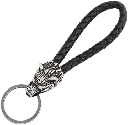 TURTLEDOVE Norse Viking Wolf Head Keychain - Vintage Black Leather Rope Stainless Steel Wolf Key Rings - Celtic Pagan Symbol Key Chain in Saudi Arabia