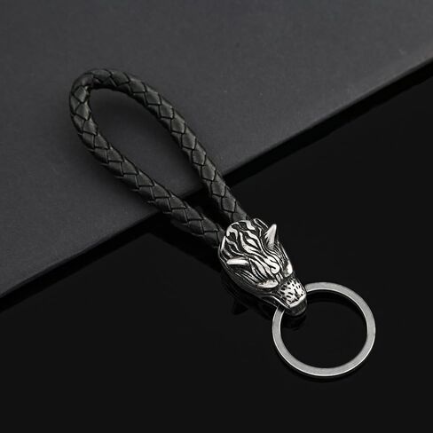 TURTLEDOVE Norse Viking Wolf Head Keychain - Vintage Black Leather Rope Stainless Steel Wolf Key Rings - Celtic Pagan Symbol Key Chain in Saudi Arabia