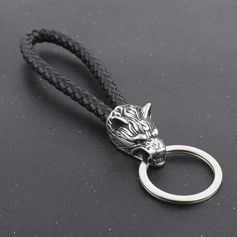 TURTLEDOVE Norse Viking Wolf Head Keychain - Vintage Black Leather Rope Stainless Steel Wolf Key Rings - Celtic Pagan Symbol Key Chain in Saudi Arabia