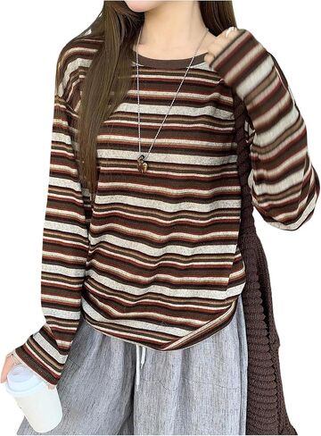 Women's Trendy Striped Long Sleeve T Shirts Casual Color Block Crew Neck Drop Shoulder Streetwear 2025 Fall Tops in Saudi Arabia