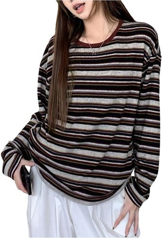 Women's Trendy Striped Long Sleeve T Shirts Casual Color Block Crew Neck Drop Shoulder Streetwear 2025 Fall Tops in Saudi Arabia