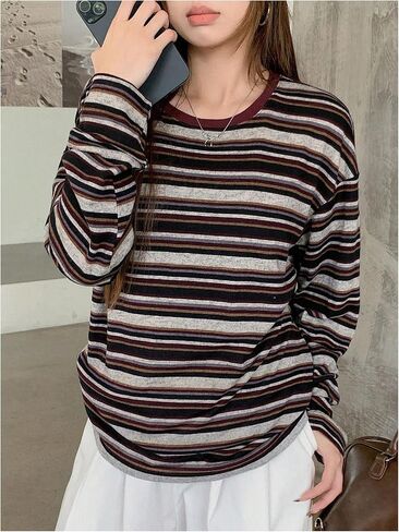 Women's Trendy Striped Long Sleeve T Shirts Casual Color Block Crew Neck Drop Shoulder Streetwear 2025 Fall Tops in Saudi Arabia