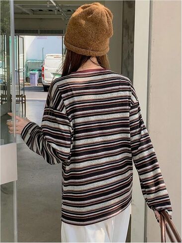 Women's Trendy Striped Long Sleeve T Shirts Casual Color Block Crew Neck Drop Shoulder Streetwear 2025 Fall Tops in Saudi Arabia