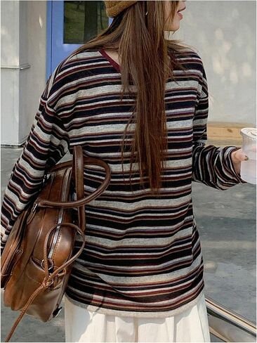 Women's Trendy Striped Long Sleeve T Shirts Casual Color Block Crew Neck Drop Shoulder Streetwear 2025 Fall Tops in Saudi Arabia