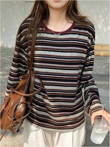 Women's Trendy Striped Long Sleeve T Shirts Casual Color Block Crew Neck Drop Shoulder Streetwear 2025 Fall Tops in Saudi Arabia