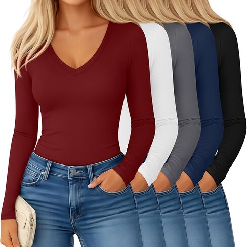5 Pack Women's Long Sleeve V Neck Undershirts Slim Fit Basic Tee Shirts Ladies Stretchy Tight Layering Underscrubs in Saudi Arabia
