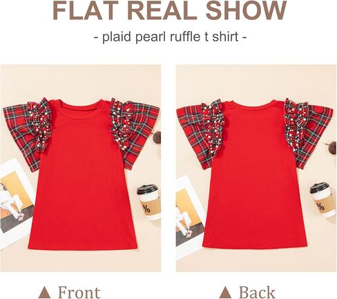 SELINK Womens Ruffle Short Sleeve Summer Tops Plaid Pearl Crewneck T Shirts Casual Blouses in Saudi Arabia