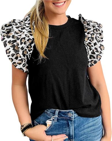 SELINK Womens Ruffle Short Sleeve Summer Tops Plaid Pearl Crewneck T Shirts Casual Blouses in Saudi Arabia