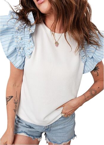 SELINK Womens Ruffle Short Sleeve Summer Tops Plaid Pearl Crewneck T Shirts Casual Blouses in Saudi Arabia