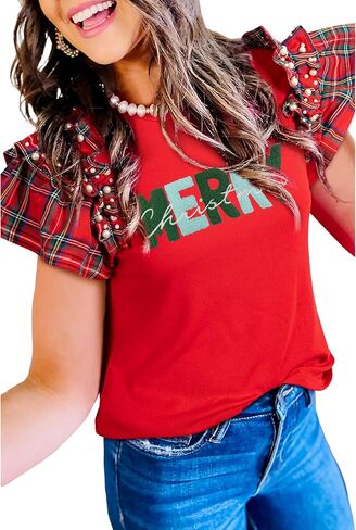 SELINK Womens Ruffle Short Sleeve Summer Tops Plaid Pearl Crewneck T Shirts Casual Blouses in Saudi Arabia