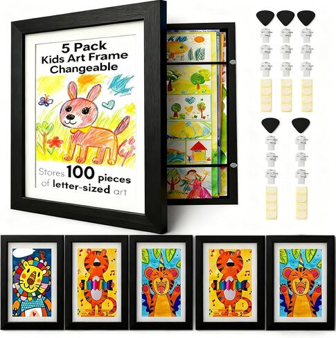 5Pcs Kids Art Frame Front Opening Kids Artwork Display Frame Changeable Artwork Frames Holds 50-100 Works of Art for Drawings Children 8.5 * 11 inch, Black in Kuwait
