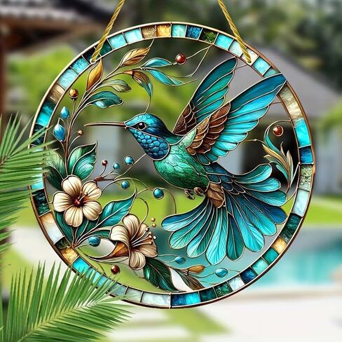 Colorful Acrylic Suncatcher, Hummingbird and Flowers 7-inch Hanging Window Decor with Printed Stained Glass Style Design Sun Catcher, Gift Idea & Garden Ornament Indoor Outdoor Use in Saudi Arabia