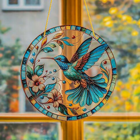 Colorful Acrylic Suncatcher, Hummingbird and Flowers 7-inch Hanging Window Decor with Printed Stained Glass Style Design Sun Catcher, Gift Idea & Garden Ornament Indoor Outdoor Use in Saudi Arabia