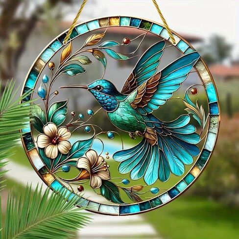 Colorful Acrylic Suncatcher, Hummingbird and Flowers 7-inch Hanging Window Decor with Printed Stained Glass Style Design Sun Catcher, Gift Idea & Garden Ornament Indoor Outdoor Use in Saudi Arabia