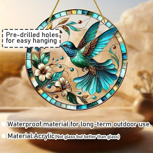 Colorful Acrylic Suncatcher, Hummingbird and Flowers 7-inch Hanging Window Decor with Printed Stained Glass Style Design Sun Catcher, Gift Idea & Garden Ornament Indoor Outdoor Use in Saudi Arabia