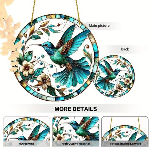Colorful Acrylic Suncatcher, Hummingbird and Flowers 7-inch Hanging Window Decor with Printed Stained Glass Style Design Sun Catcher, Gift Idea & Garden Ornament Indoor Outdoor Use in Saudi Arabia