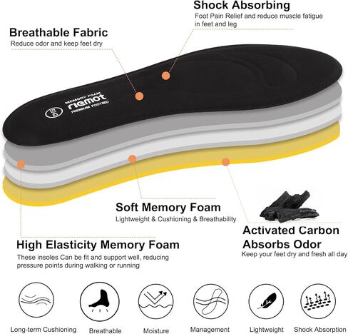 riemot 2 Pairs Memory Foam Insoles for Men Replacement Shoe Inserts for Work Boot,Sneaker,Comfort Cushion Shoe Insoles,Breathable Inner Soles Shock Absorbing for Foot Pain Relief Black US10/ EU43 in Saudi Arabia