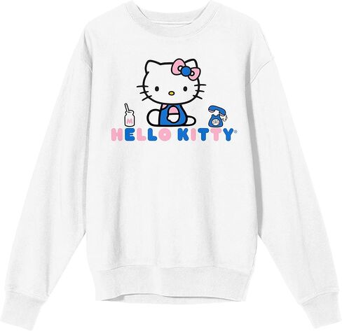 Hello Kitty Phone Graphic Crew Neck Long Sleeve White Fleece Women's Tee-Small in Saudi Arabia