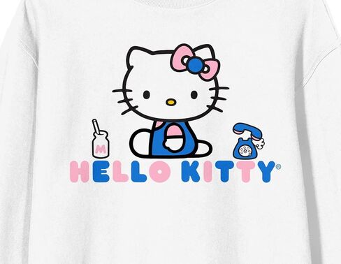 Hello Kitty Phone Graphic Crew Neck Long Sleeve White Fleece Women's Tee-Small in Saudi Arabia