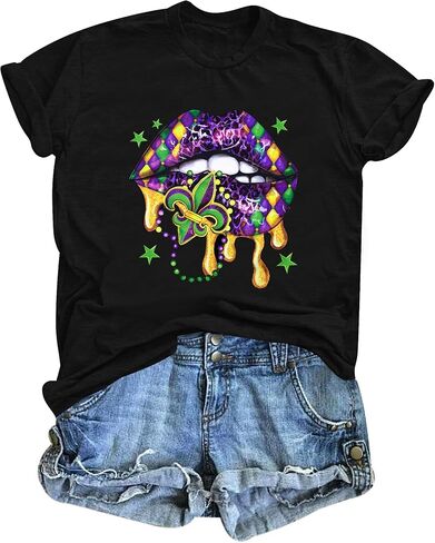 Mardi Gras Tshirt Carnival Outfit : Women Carnival Party Graphic Tees Holiday Short Sleeve Tops in Saudi Arabia
