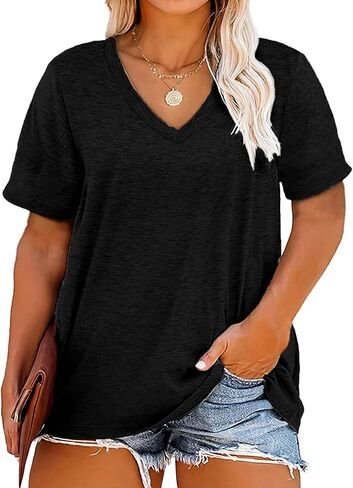 Plus Size V Neck T Shirts Women Short Sleeve Tops Casual Summer Tshirts Loose Fit Tee in Saudi Arabia