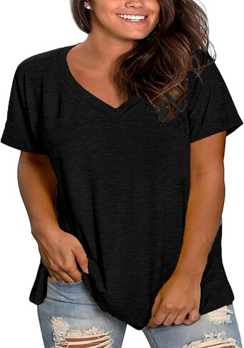 Plus Size V Neck T Shirts Women Short Sleeve Tops Casual Summer Tshirts Loose Fit Tee in Saudi Arabia