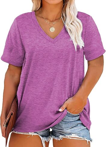 Plus Size V Neck T Shirts Women Short Sleeve Tops Casual Summer Tshirts Loose Fit Tee in Saudi Arabia