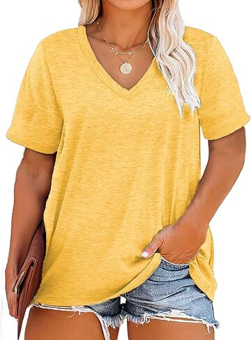 Plus Size V Neck T Shirts Women Short Sleeve Tops Casual Summer Tshirts Loose Fit Tee in Saudi Arabia