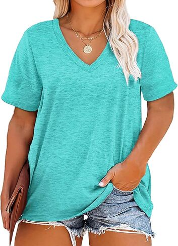 Plus Size V Neck T Shirts Women Short Sleeve Tops Casual Summer Tshirts Loose Fit Tee in Saudi Arabia