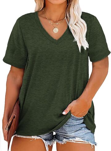 Plus Size V Neck T Shirts Women Short Sleeve Tops Casual Summer Tshirts Loose Fit Tee in Saudi Arabia