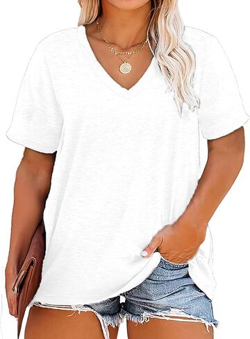 Plus Size V Neck T Shirts Women Short Sleeve Tops Casual Summer Tshirts Loose Fit Tee in Saudi Arabia
