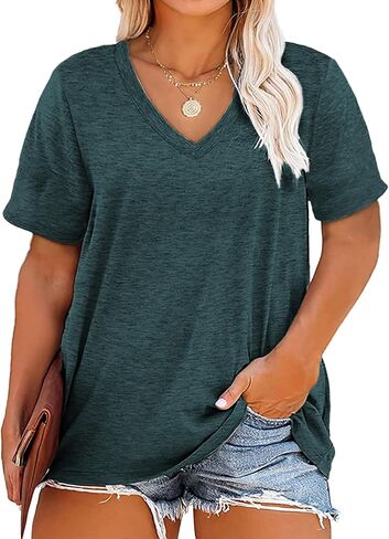 Plus Size V Neck T Shirts Women Short Sleeve Tops Casual Summer Tshirts Loose Fit Tee in Saudi Arabia