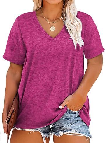 Plus Size V Neck T Shirts Women Short Sleeve Tops Casual Summer Tshirts Loose Fit Tee in Saudi Arabia