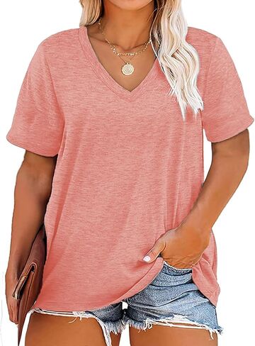 Plus Size V Neck T Shirts Women Short Sleeve Tops Casual Summer Tshirts Loose Fit Tee in Saudi Arabia