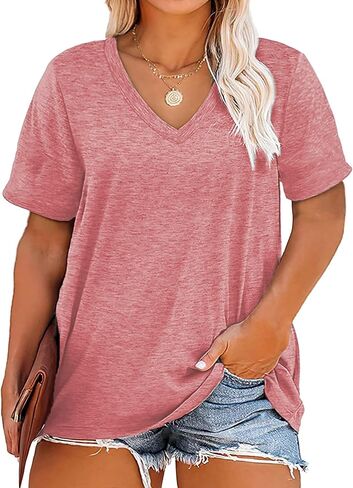 Plus Size V Neck T Shirts Women Short Sleeve Tops Casual Summer Tshirts Loose Fit Tee in Saudi Arabia