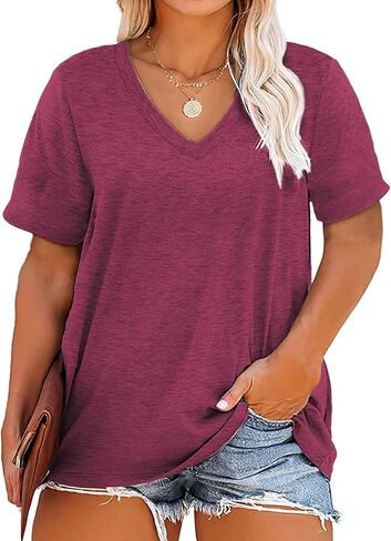 Plus Size V Neck T Shirts Women Short Sleeve Tops Casual Summer Tshirts Loose Fit Tee in Saudi Arabia