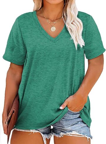 Plus Size V Neck T Shirts Women Short Sleeve Tops Casual Summer Tshirts Loose Fit Tee in Saudi Arabia