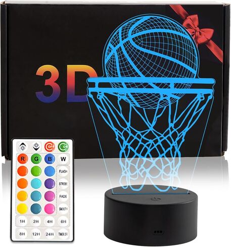 Basketball Night Light, 3D LED Night Lamp for Boys - Basket Ball Themed Bedroom Lamps, Optical Illusion Lamp with Remote Control, Perfect for Kids' Room Décor, Cool Gifts for Basketball Lovers in Kuwait