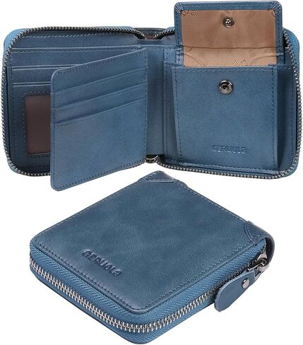 Men's RFID Shielded Wallet Zipper Leather Wallet Men's Bifold RFID Card Case Wallets for Men Genuine Leather ，2see-through Id, 8 credit card slots, & 1-pocket money divider (Blue1) in Saudi Arabia