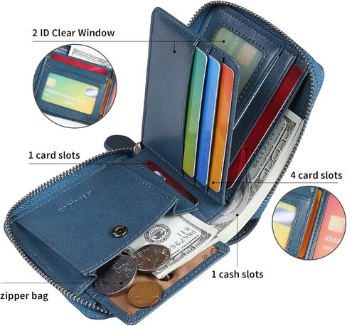 Men's RFID Shielded Wallet Zipper Leather Wallet Men's Bifold RFID Card Case Wallets for Men Genuine Leather ，2see-through Id, 8 credit card slots, & 1-pocket money divider (Blue1) in Saudi Arabia