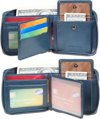 Men's RFID Shielded Wallet Zipper Leather Wallet Men's Bifold RFID Card Case Wallets for Men Genuine Leather ，2see-through Id, 8 credit card slots, & 1-pocket money divider (Blue1) in Saudi Arabia