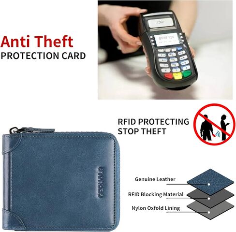 Men's RFID Shielded Wallet Zipper Leather Wallet Men's Bifold RFID Card Case Wallets for Men Genuine Leather ，2see-through Id, 8 credit card slots, & 1-pocket money divider (Blue1) in Saudi Arabia