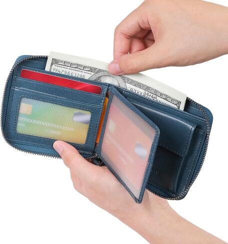 Men's RFID Shielded Wallet Zipper Leather Wallet Men's Bifold RFID Card Case Wallets for Men Genuine Leather ，2see-through Id, 8 credit card slots, & 1-pocket money divider (Blue1) in Saudi Arabia
