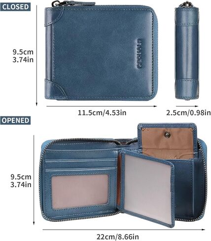 Men's RFID Shielded Wallet Zipper Leather Wallet Men's Bifold RFID Card Case Wallets for Men Genuine Leather ，2see-through Id, 8 credit card slots, & 1-pocket money divider (Blue1) in Saudi Arabia