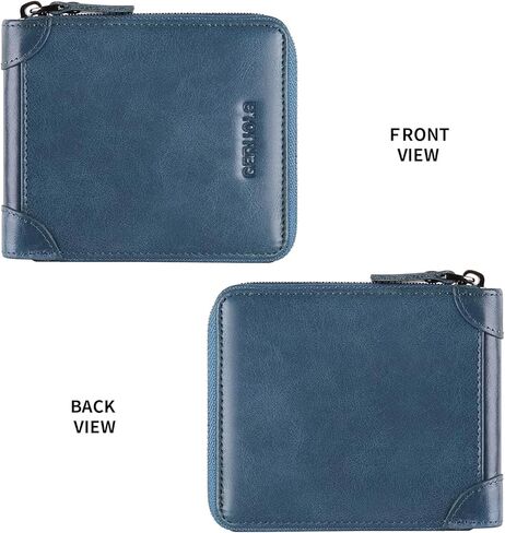 Men's RFID Shielded Wallet Zipper Leather Wallet Men's Bifold RFID Card Case Wallets for Men Genuine Leather ，2see-through Id, 8 credit card slots, & 1-pocket money divider (Blue1) in Saudi Arabia