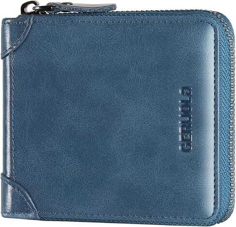 Men's RFID Shielded Wallet Zipper Leather Wallet Men's Bifold RFID Card Case Wallets for Men Genuine Leather ，2see-through Id, 8 credit card slots, & 1-pocket money divider (Blue1) in Saudi Arabia