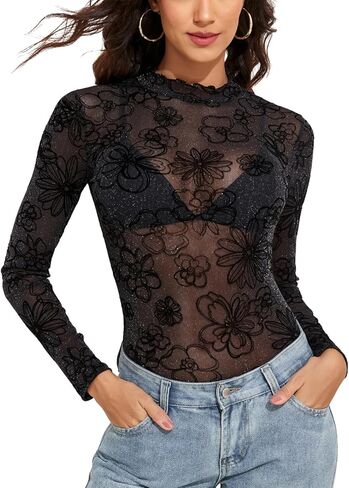 YYA شبكة علوية للنساء كم طويل وهمية الرقبة شبكة قميص سباركلي فضي شفاف تي شيرت شفاف للحزب S-XXL in Kuwait