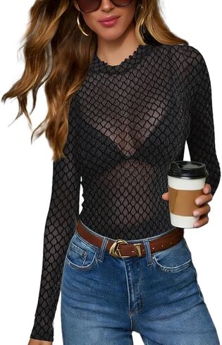 YYA شبكة علوية للنساء كم طويل وهمية الرقبة شبكة قميص سباركلي فضي شفاف تي شيرت شفاف للحزب S-XXL in Kuwait