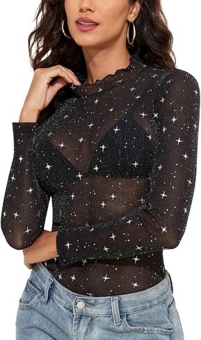 YYA شبكة علوية للنساء كم طويل وهمية الرقبة شبكة قميص سباركلي فضي شفاف تي شيرت شفاف للحزب S-XXL in Kuwait