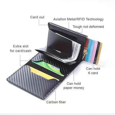Smart Wallet for Men Minimalist RFID Blocking Wallet with 6 Cards Slots and Cash Slot, Pop-Up Business Card Box 6-8 Cards Capacity, Perfect for ID and Credit Card Protection in Saudi Arabia